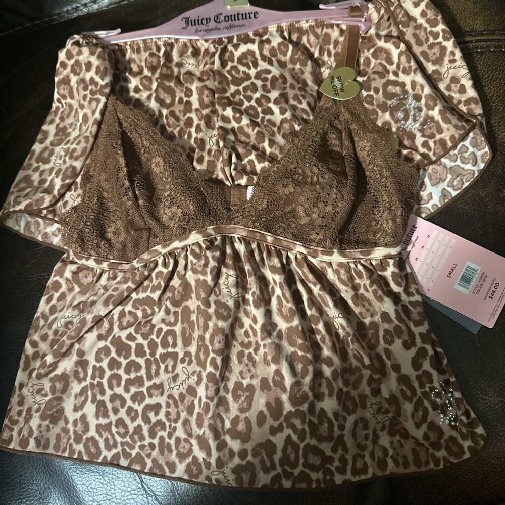 Juicy Couture Leopard Satin & Lace Cami - Brown